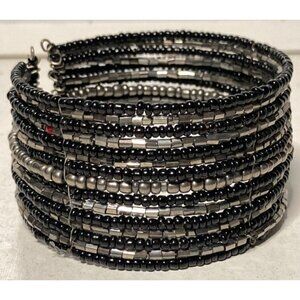 Black Silver Seed Bead Cuff Bracelet 1.25" Wide Wire Wrapped 15 Layer, Precious
